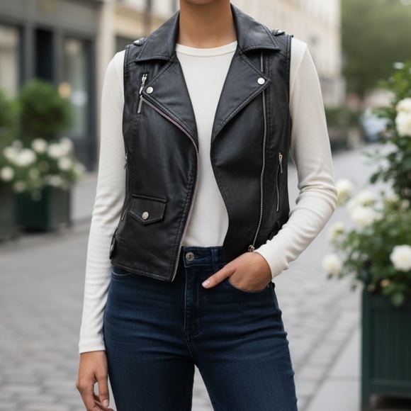 Arden B Jackets & Blazers - ARDEN B Black Faux Leather Moto Vest Silver Zipper Sleeveless Jacket Medium